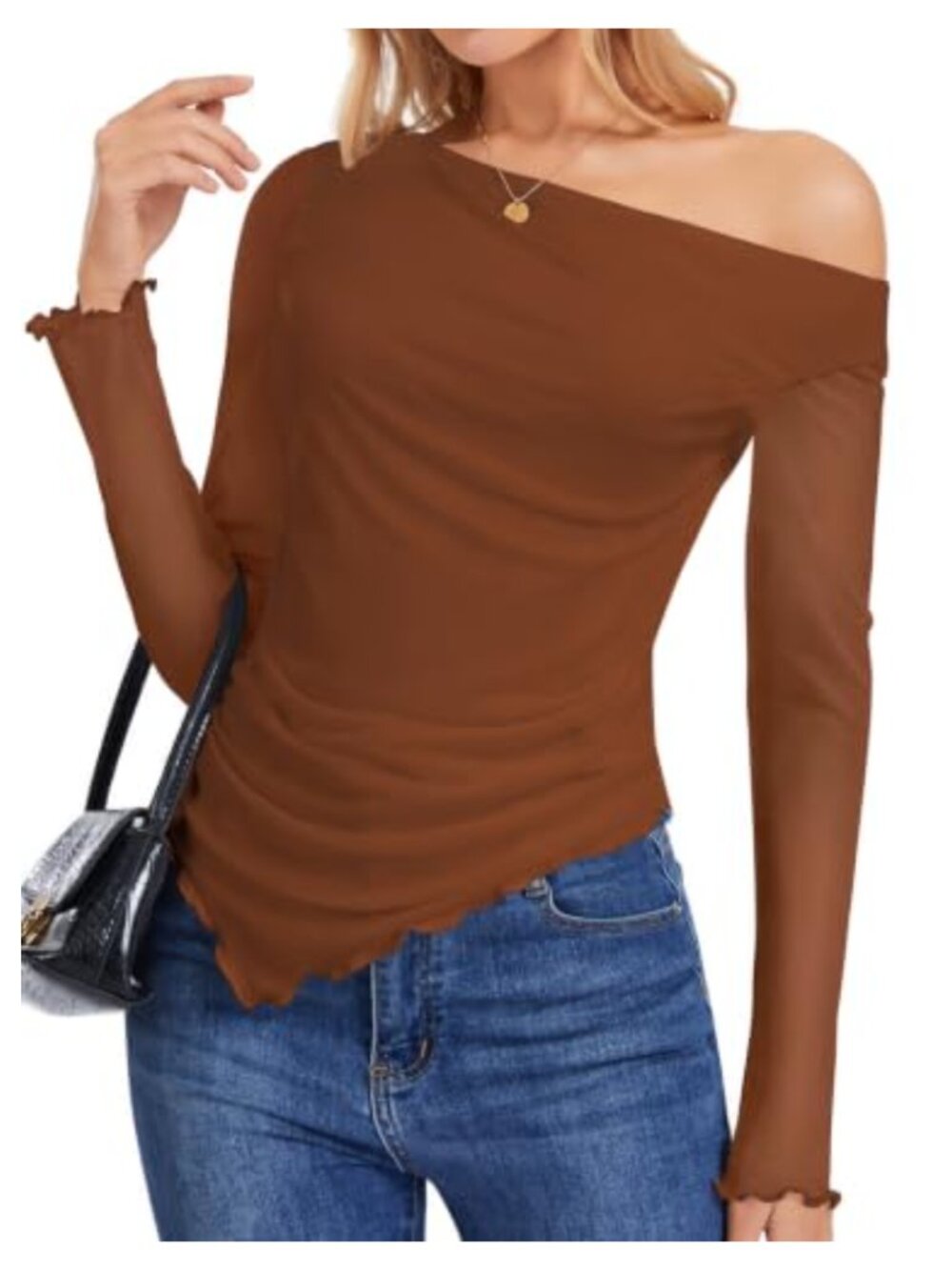 Off Shoulder Mesh Long Sleeve Ruched Blouse